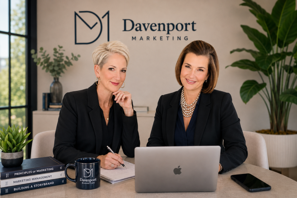 Employees Daryl Davenport and Megan Schweitzer working at a desk with with a computer with Davenport Marketing on the wall.